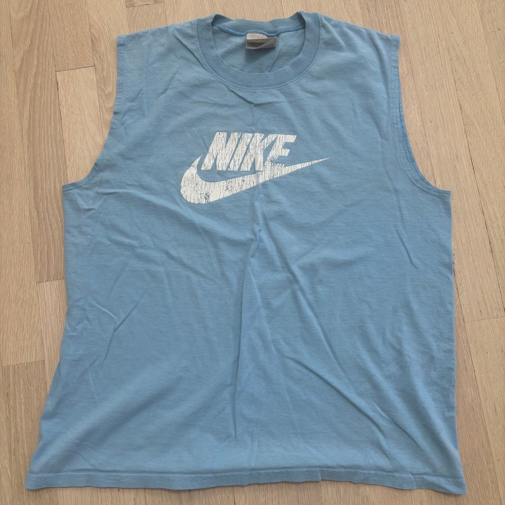 Nike Muscle Tank Top Mens Medium Light Blue Used Distressed Swoosh Graphic Tee